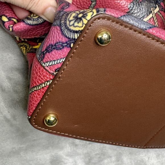 Talbots Leather Bucket Bag Womens Brown Red Equestrian Print Drawstring Shoulder - Picture 5 of 15